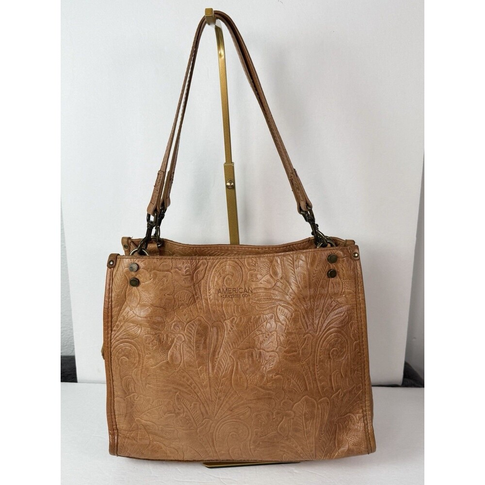 American Leather Co Brown Genuine Leather Embossed Floral Shoulder Bag Tote